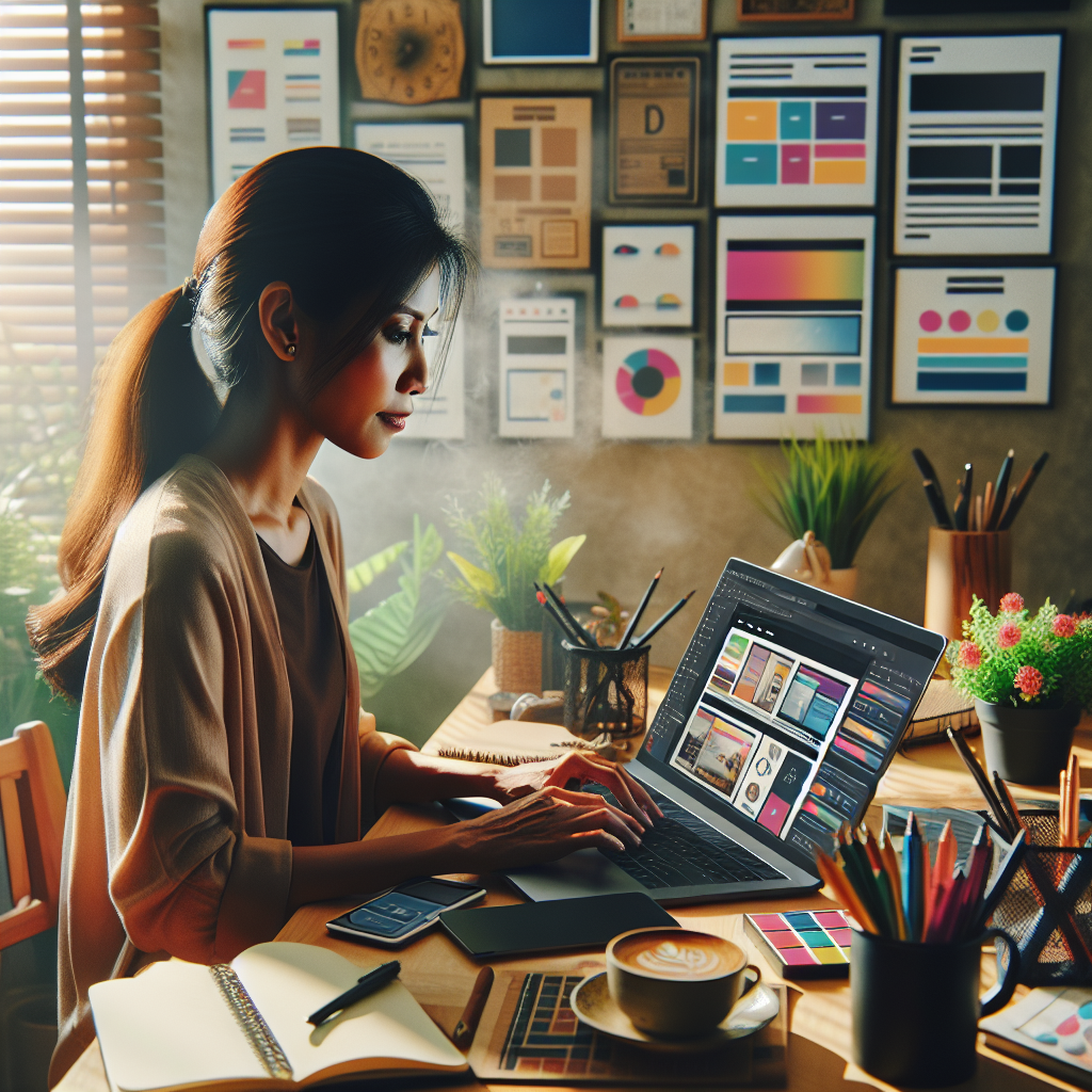 A person designing a website on a laptop in a cozy home office, with design tools and natural lighting.