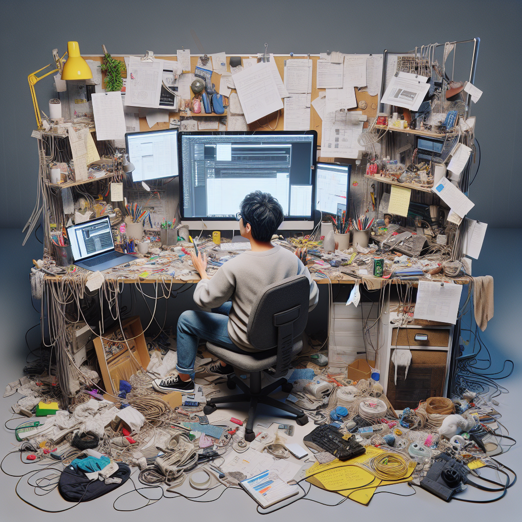A realistic image of common pitfalls in DIY web design with a cluttered desk and a frustrated person.