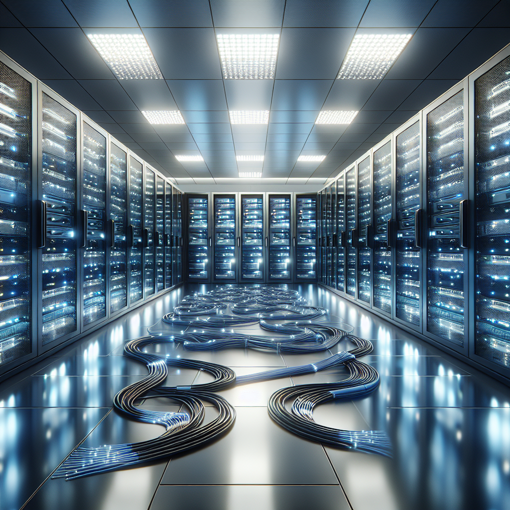 A modern server room with rows of sleek servers and blinking lights.