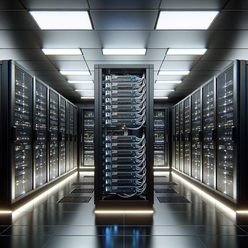 A realistic depiction of a modern server room with black rack-mounted servers.