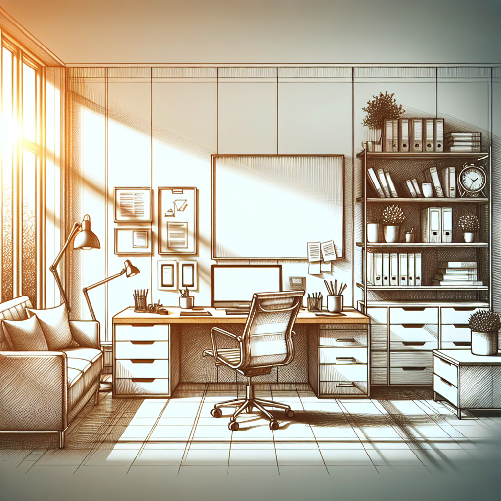 A professional and modern office space with natural lighting and organized desk.