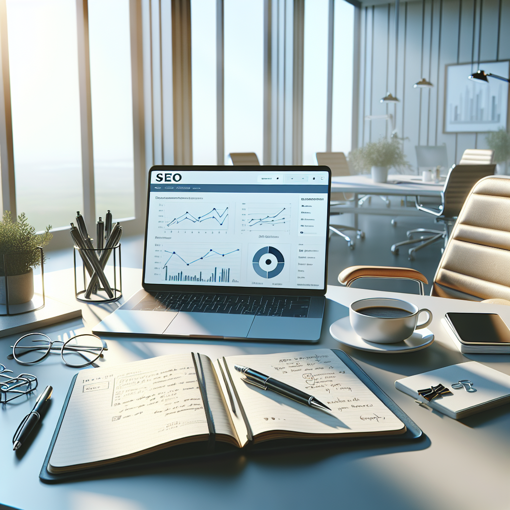 SEO workspace with laptop, notebooks, and coffee cup in a modern office setting.