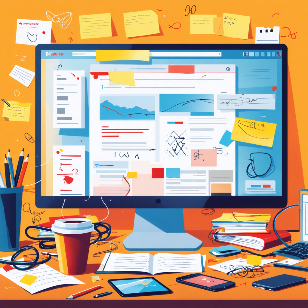 Cluttered desk with an incomplete DIY web design on a computer monitor, highlighting the pitfalls of amateur web design in a realistic style.