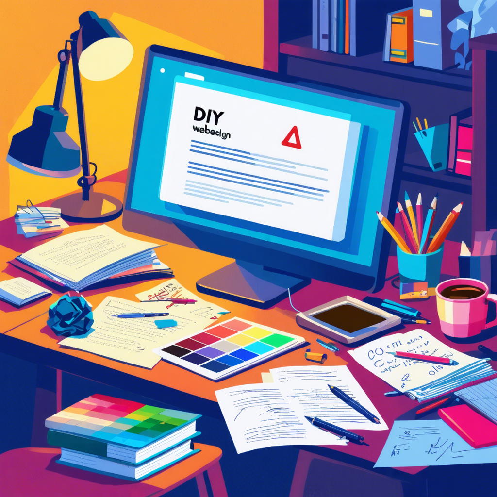 A cluttered desk with books, notes, color swatches, a computer with an error message on a DIY web design page, a crumpled paper ball, and a spilled coffee cup, conveying the pitfalls of DIY web design.