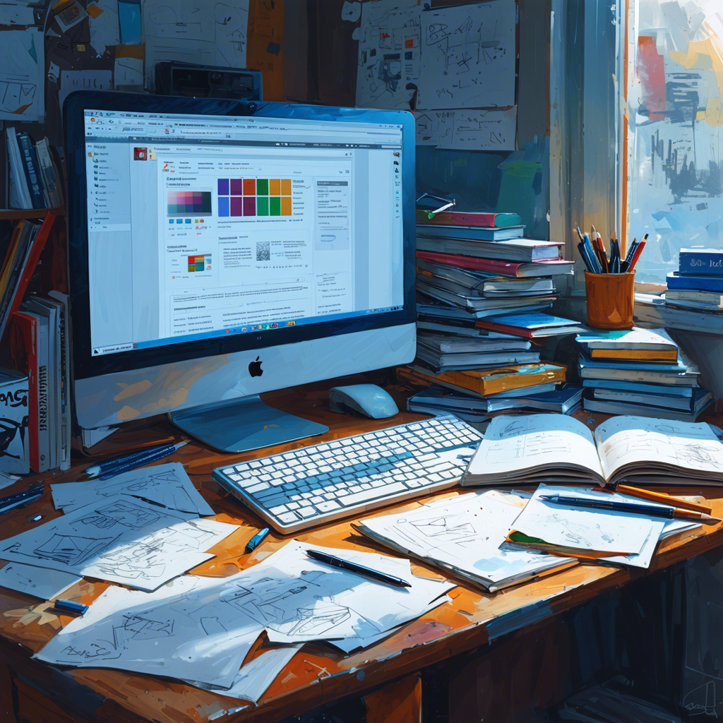 Cluttered desk with disorganized DIY web design elements and a computer screen displaying an unfinished website.