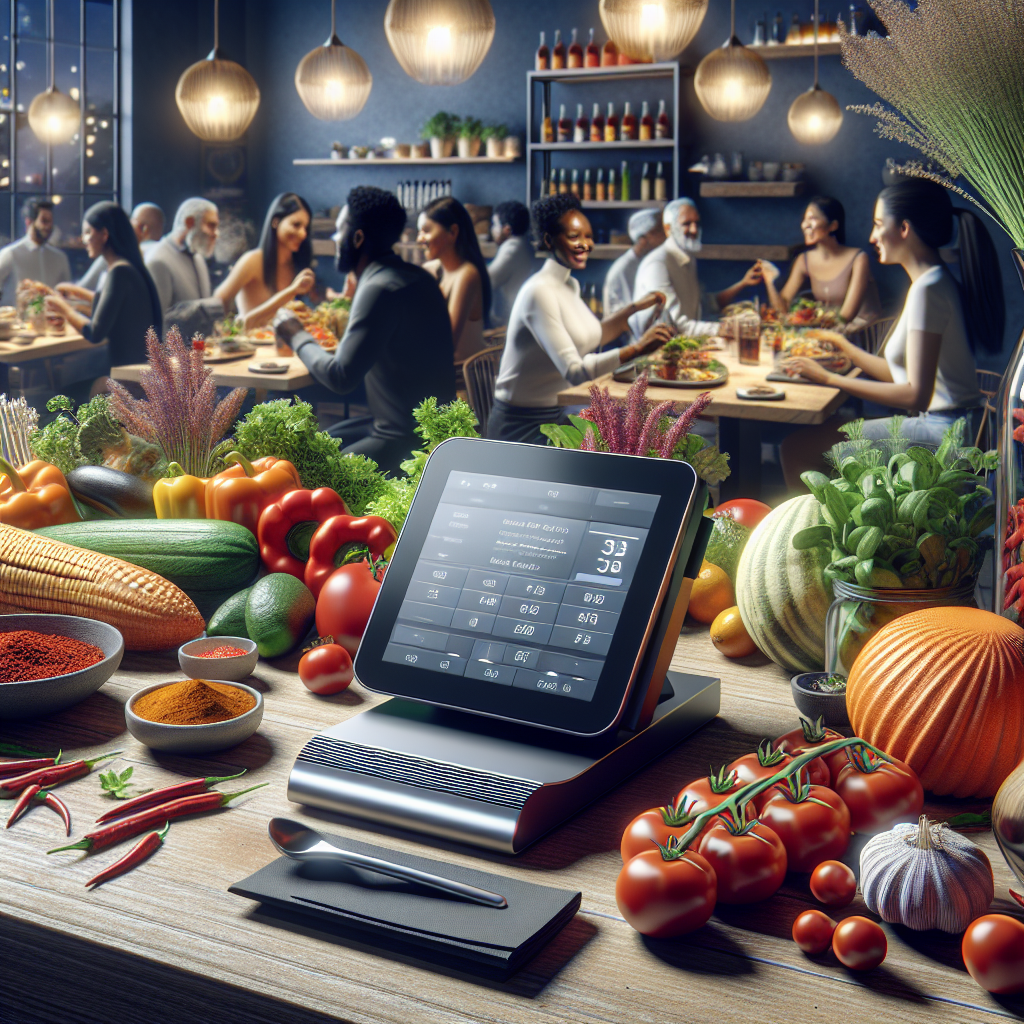 A modern POS system in a busy restaurant with customers enjoying their meals.