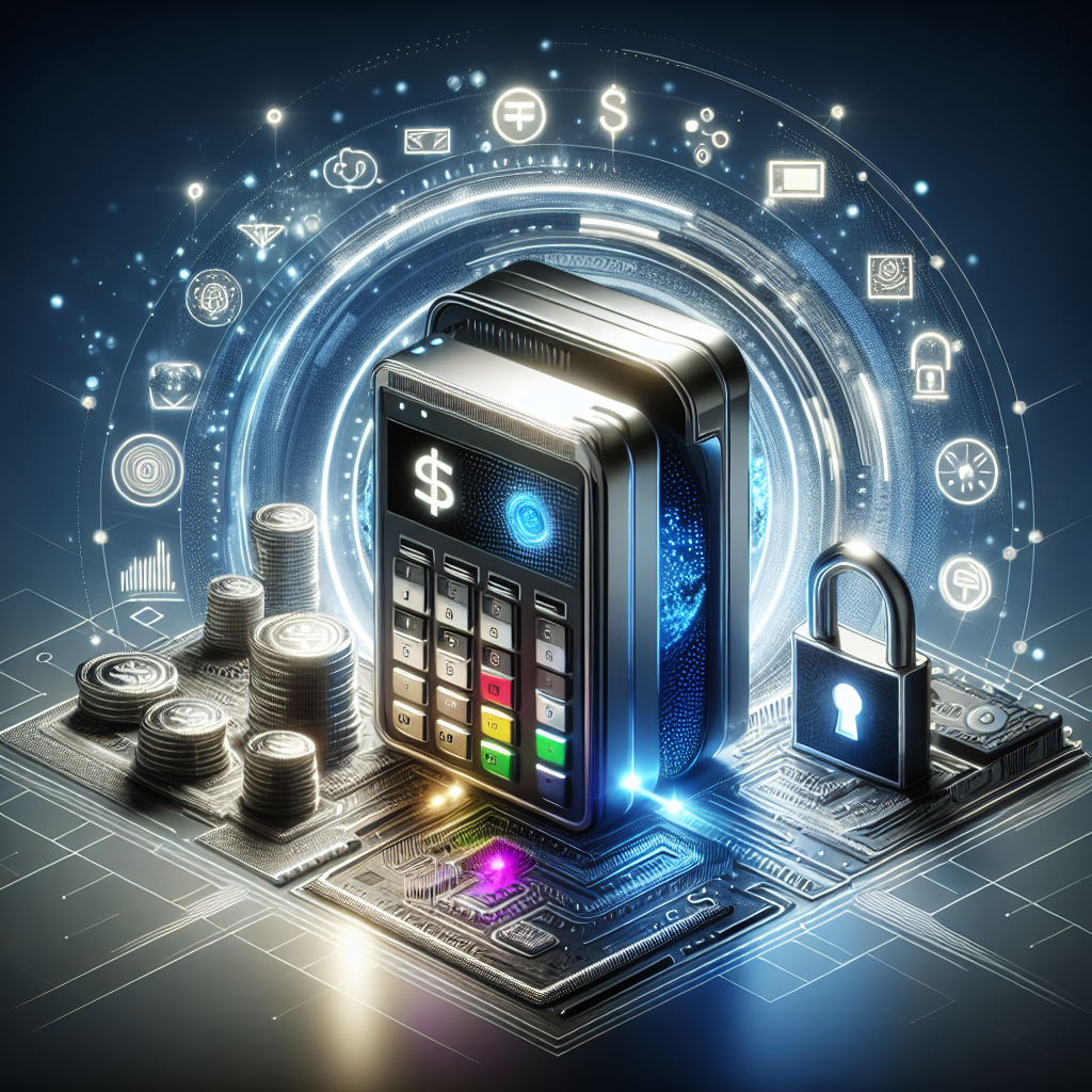 A modern digital payment gateway device surrounded by icons representing secure transactions.