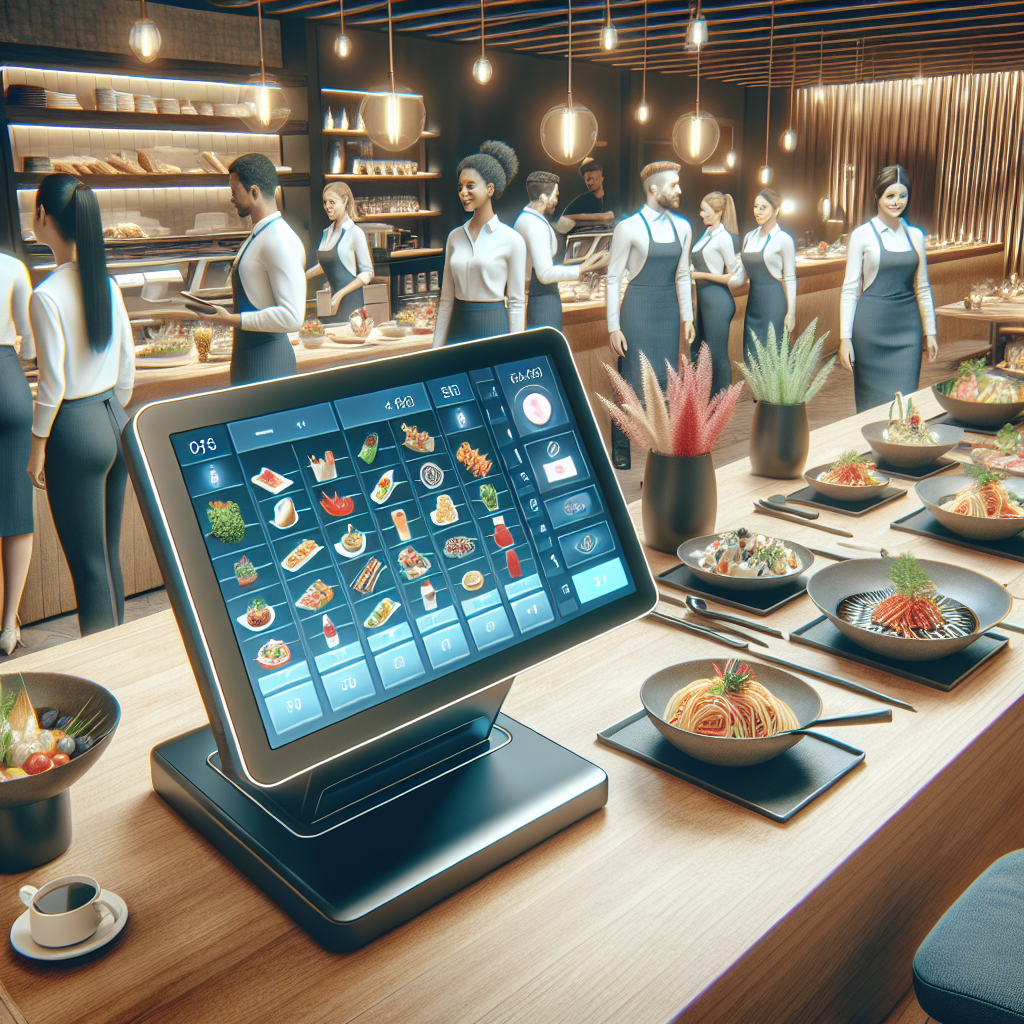 A modern POS system in a busy restaurant environment.