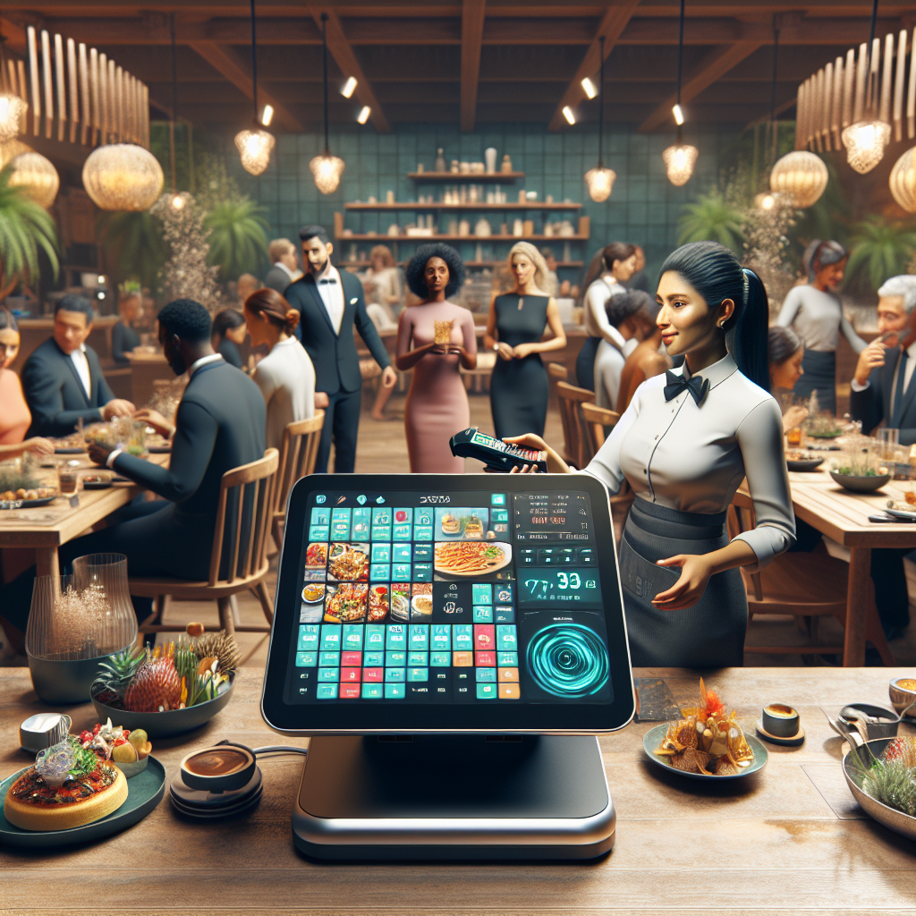 A modern POS system in a lively restaurant with staff and customers enjoying their meals.