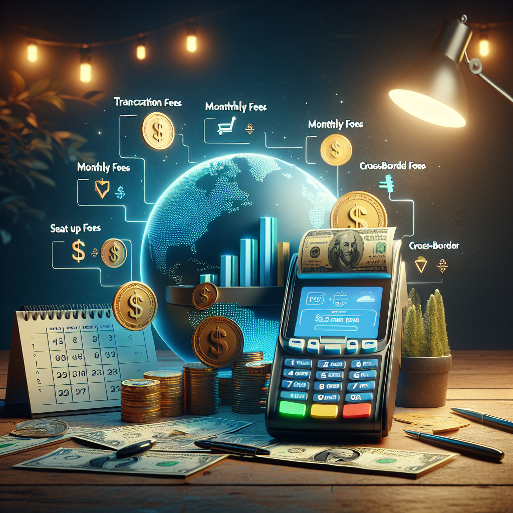 Illustration of payment gateway revenue models including a payment terminal, coins, calendar, checklist, globe, and currency symbols.
