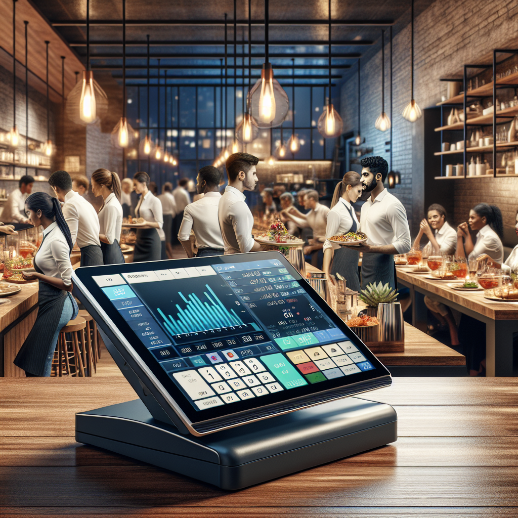 A modern POS system in a busy restaurant with staff and customers.