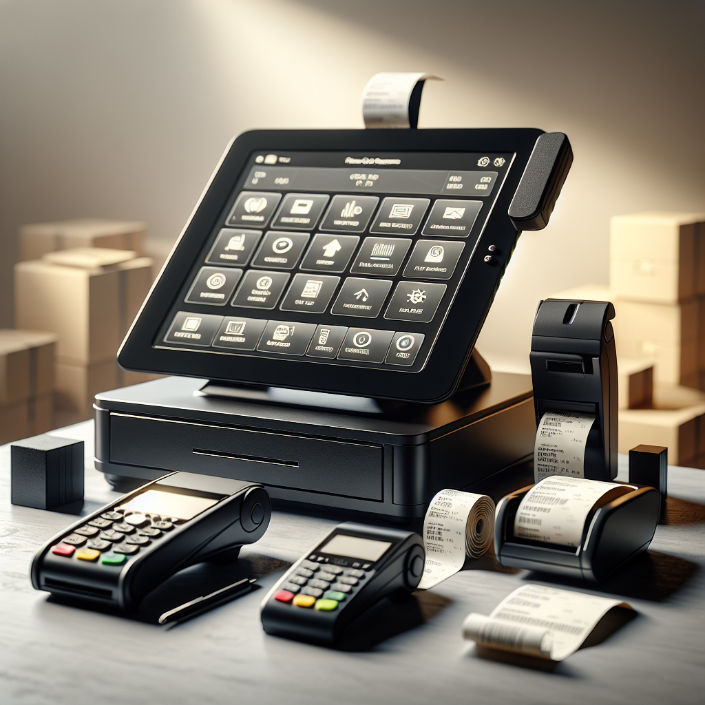 A modern Point of Sale system setup with a touchscreen cash register, card reader, and barcode scanner.