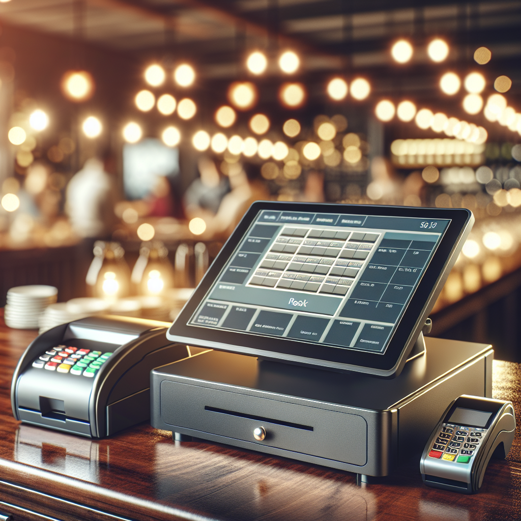 A modern restaurant POS system setup on a counter in a busy restaurant.
