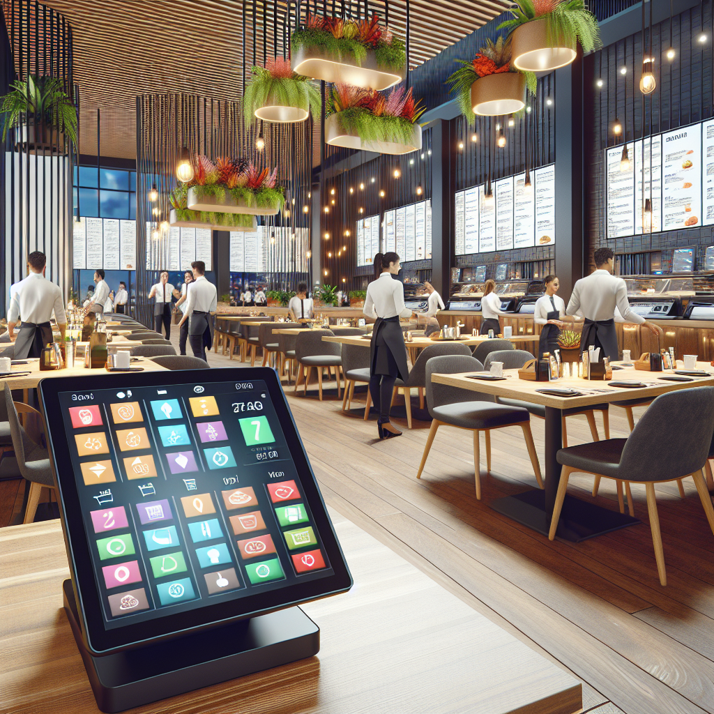 A modern restaurant interior with a busy Point of Sale system, servers taking orders, and an inviting atmosphere.