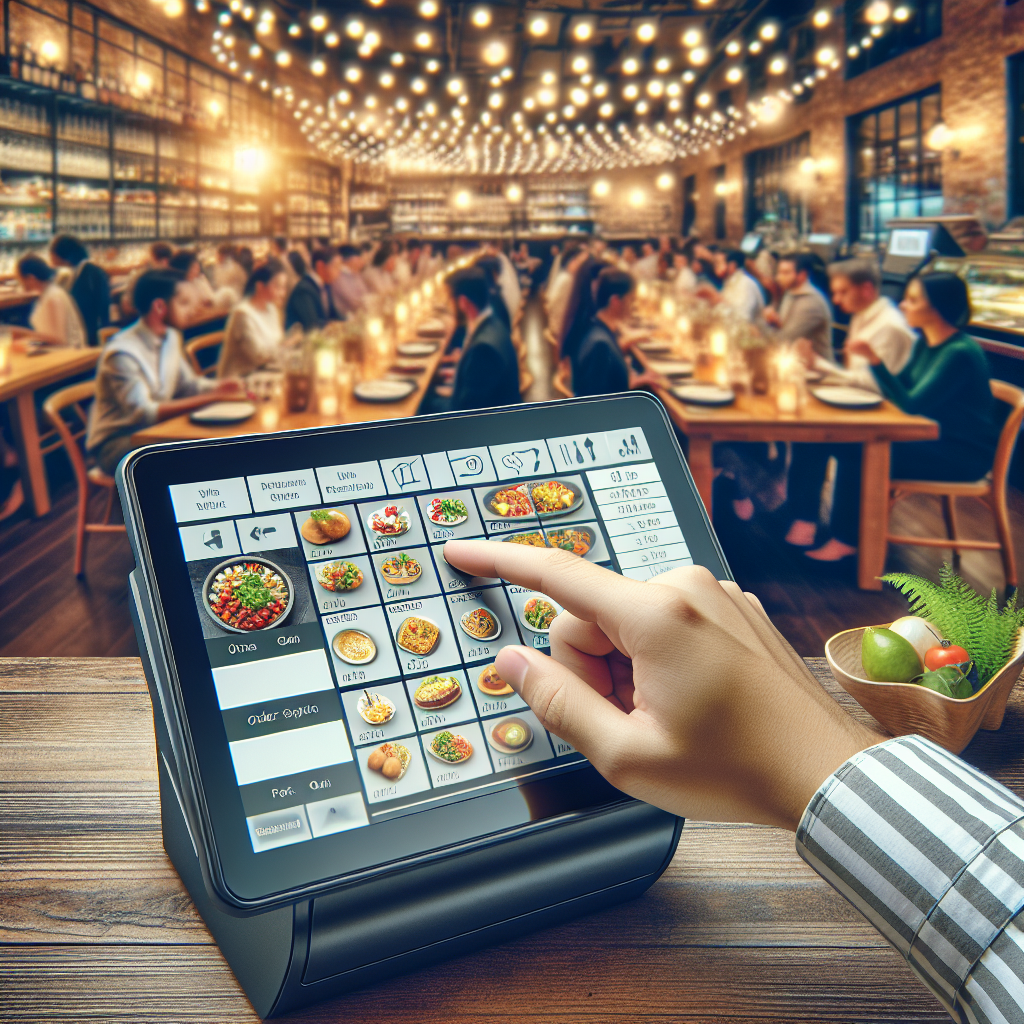 A modern restaurant POS system showing food orders on a touchscreen in a busy restaurant setting.