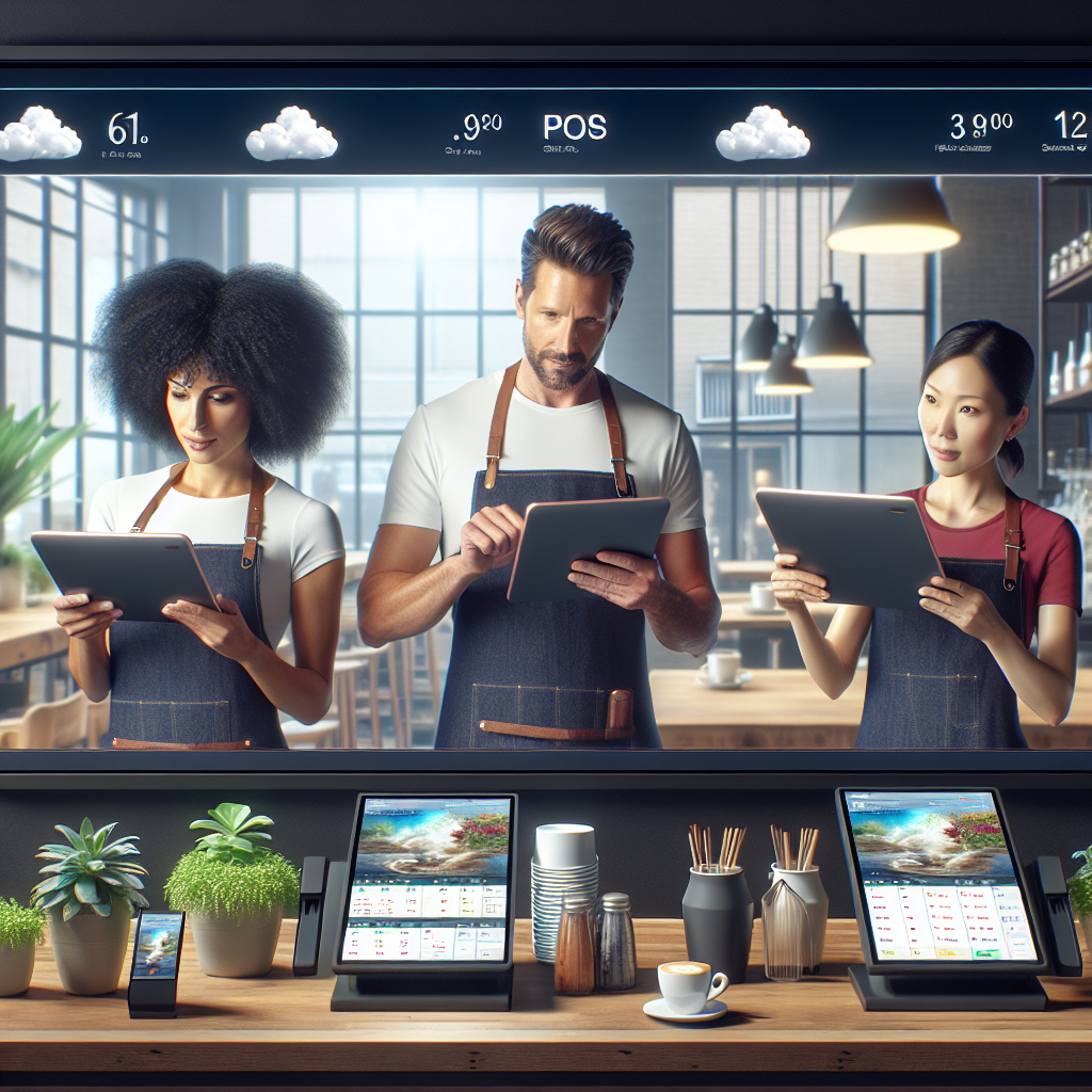 A colorful café scene with diverse baristas using cloud POS software on tablets.