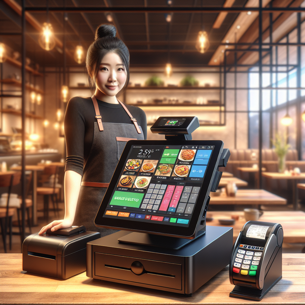 A modern restaurant POS system setup with a friendly server.