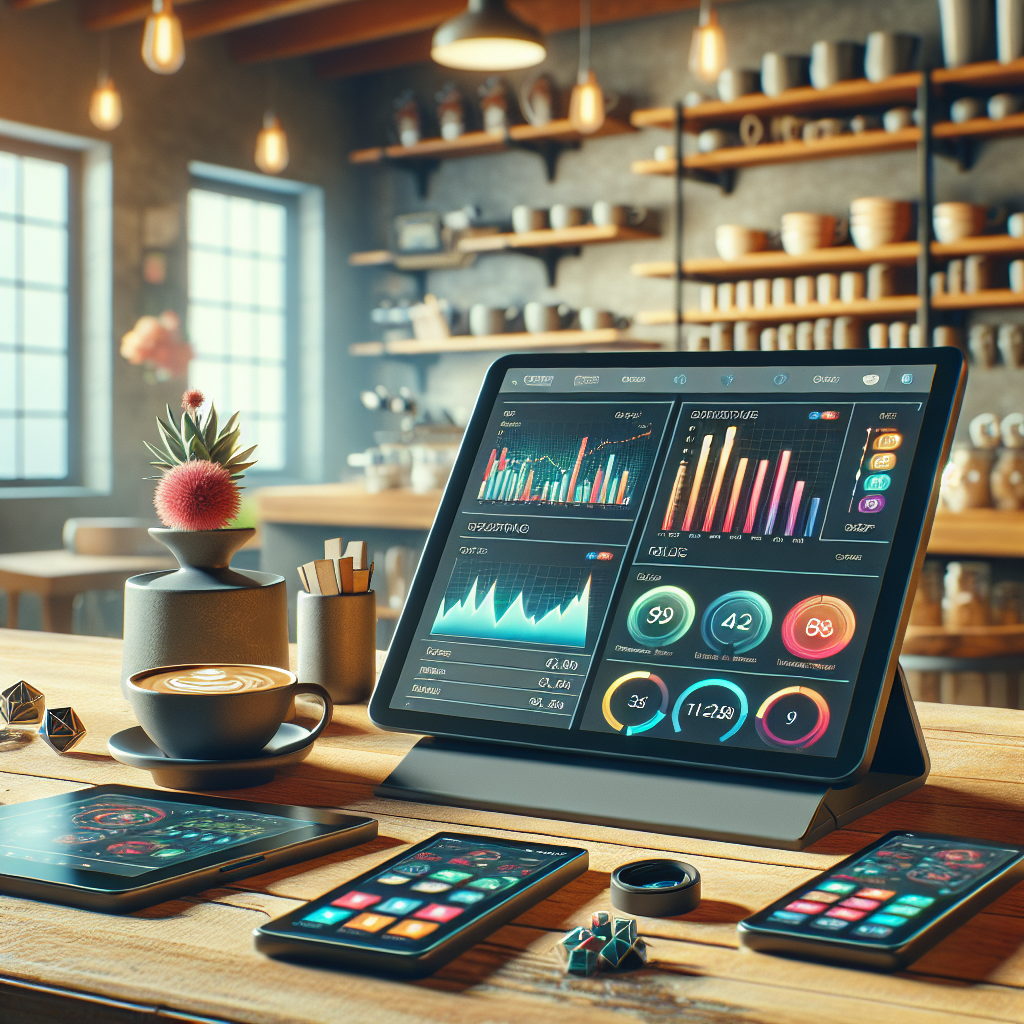 A modern cloud POS system displayed on a wooden counter in a coffee shop.