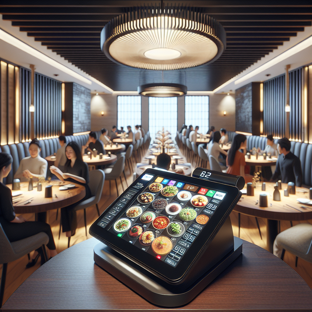 A modern restaurant POS system setup with a touchscreen register and diners at tables.