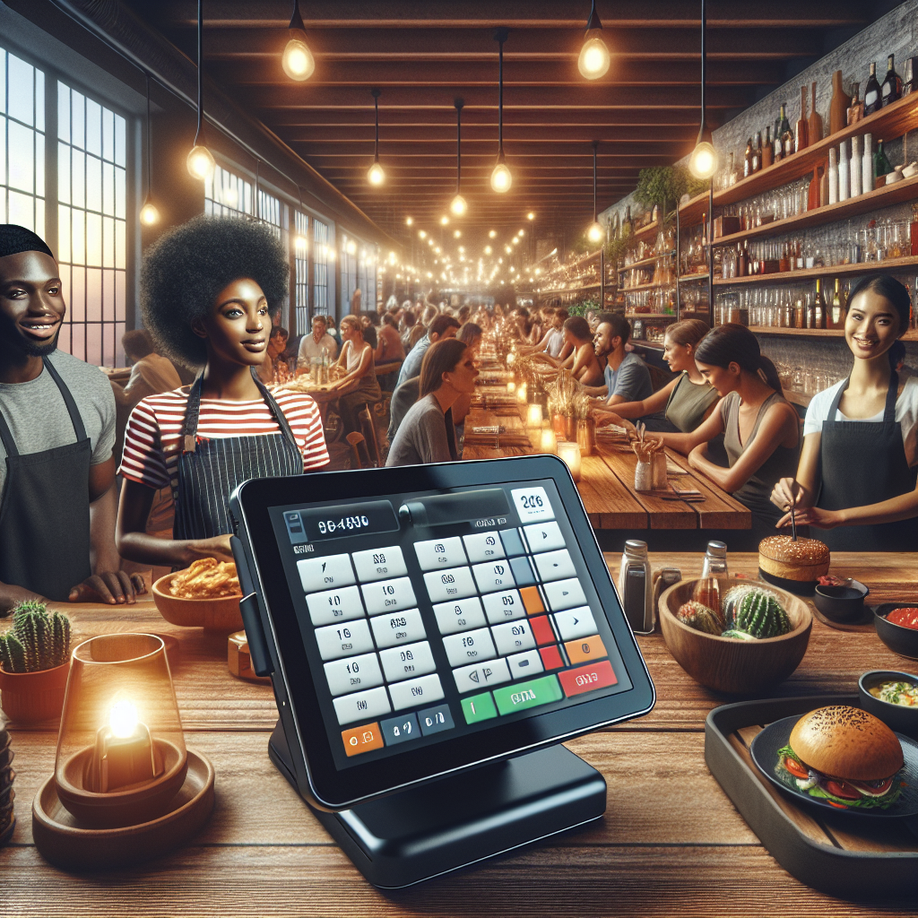 A busy restaurant scene featuring a modern POS system, servers, and vibrant decor.