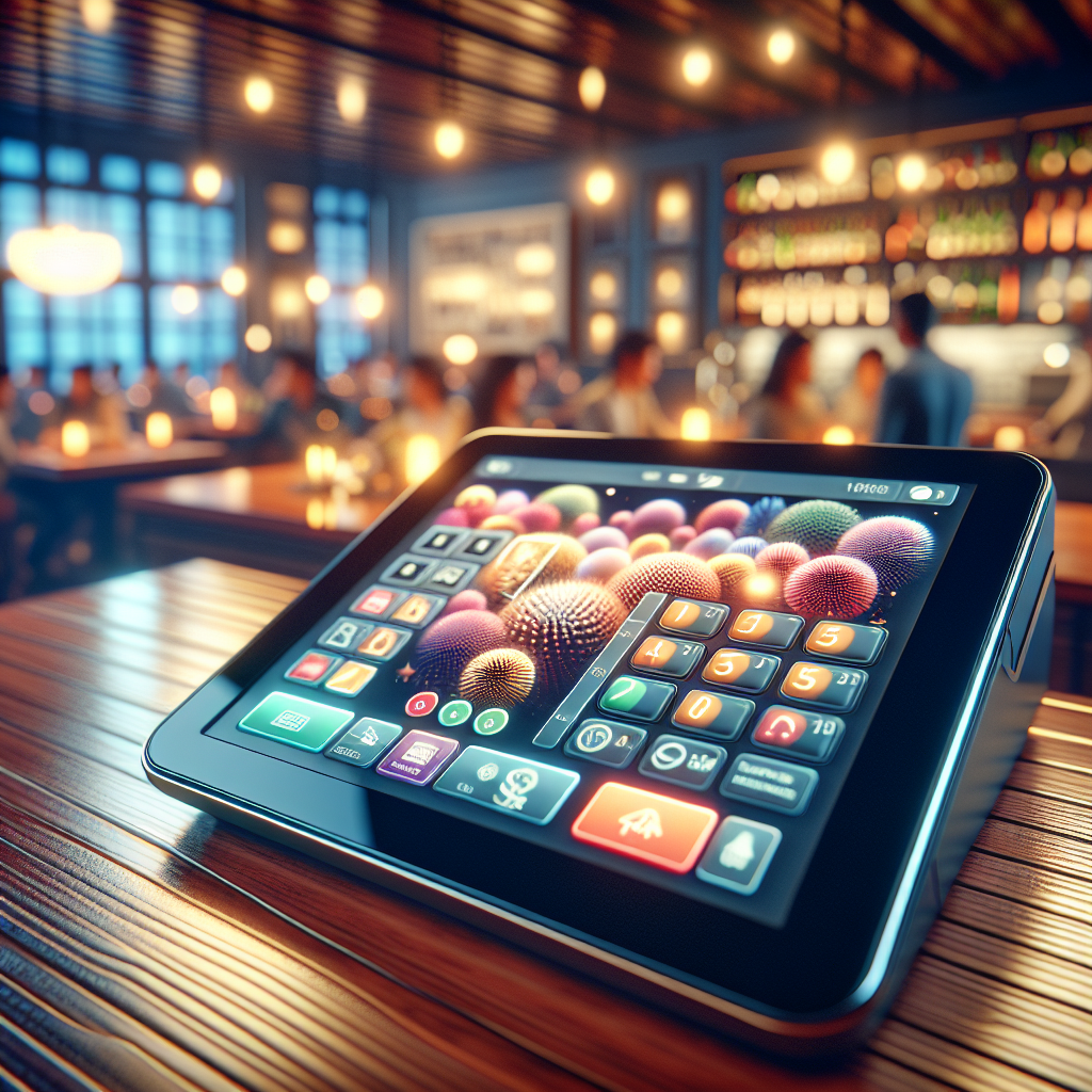 A modern restaurant Point of Sale system in a lively restaurant setting.
