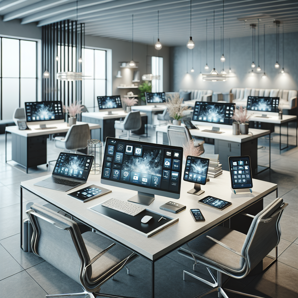A modern office setup showcasing various devices with cloud POS software interfaces.