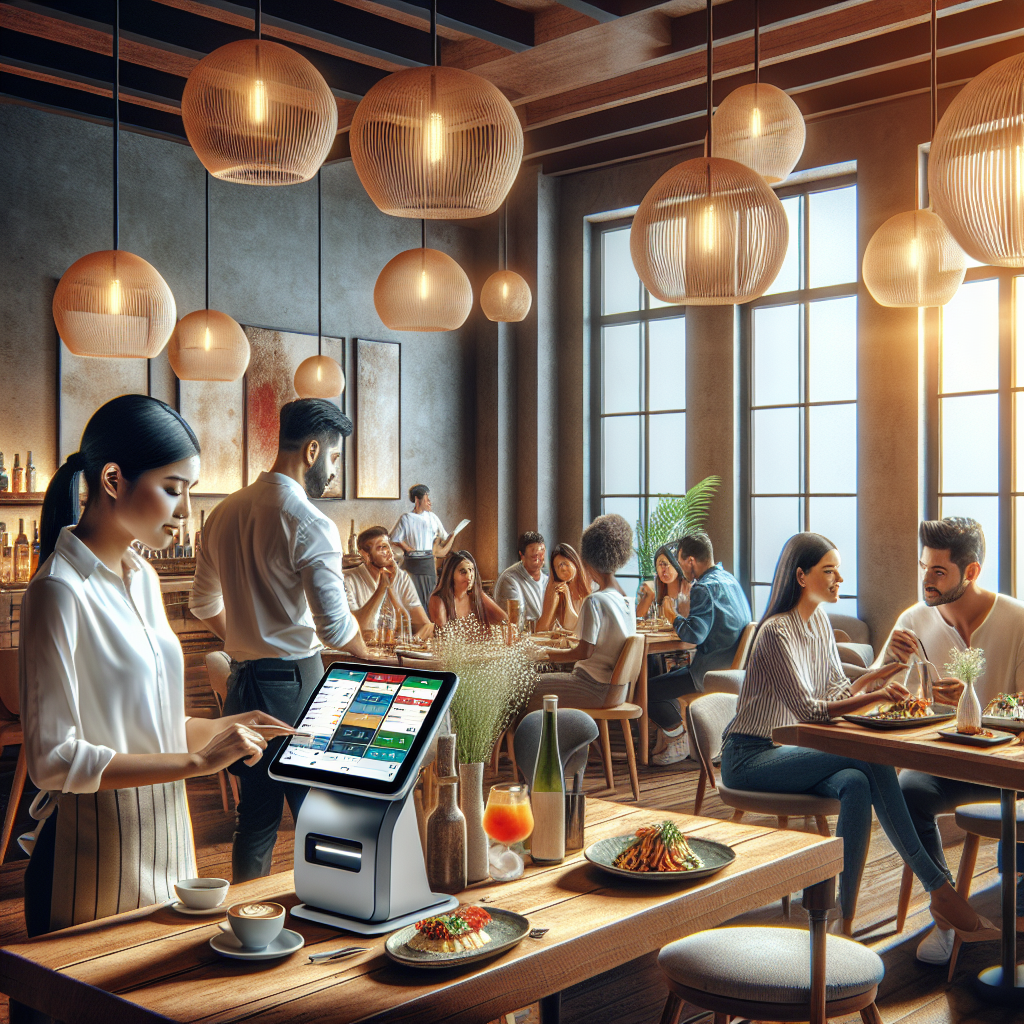 A busy restaurant scene featuring modern Point of Sale systems in use.