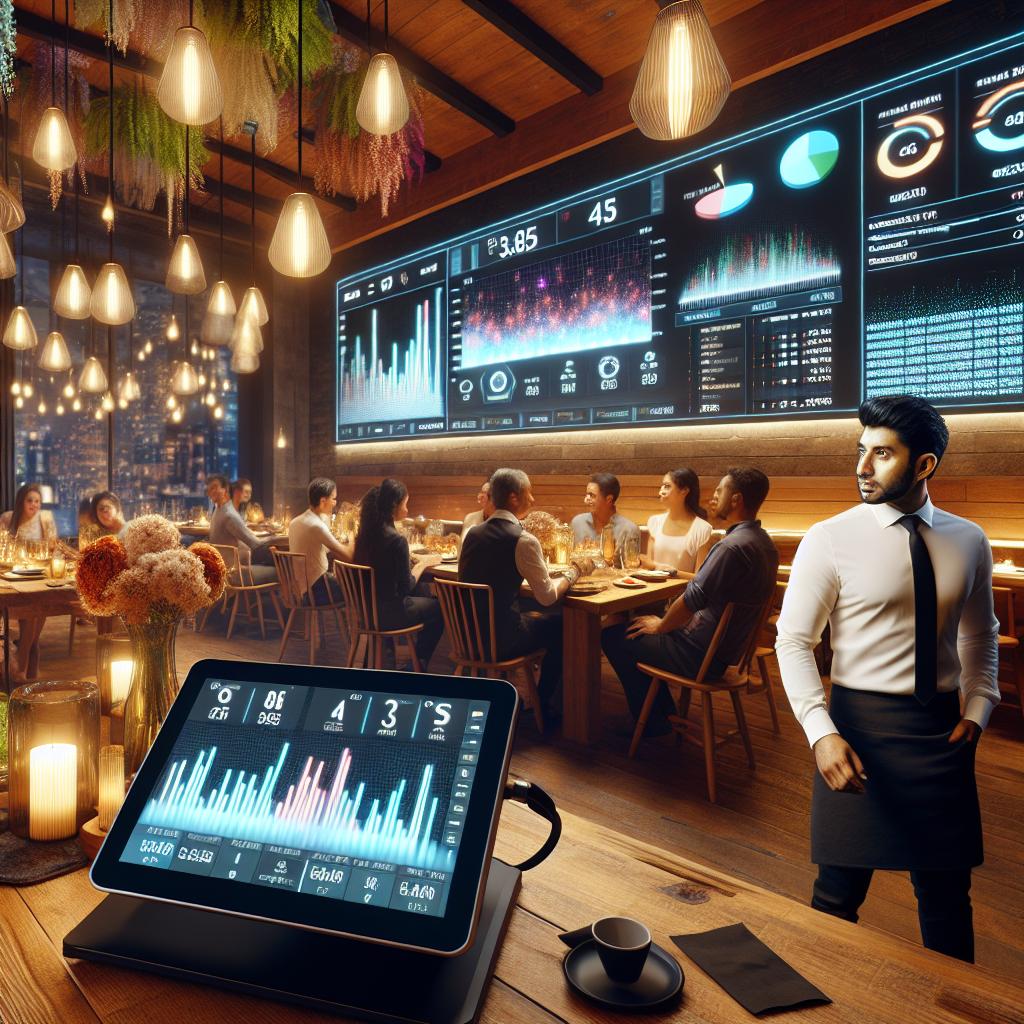A modern restaurant POS system with a waiter and a lively dining environment.