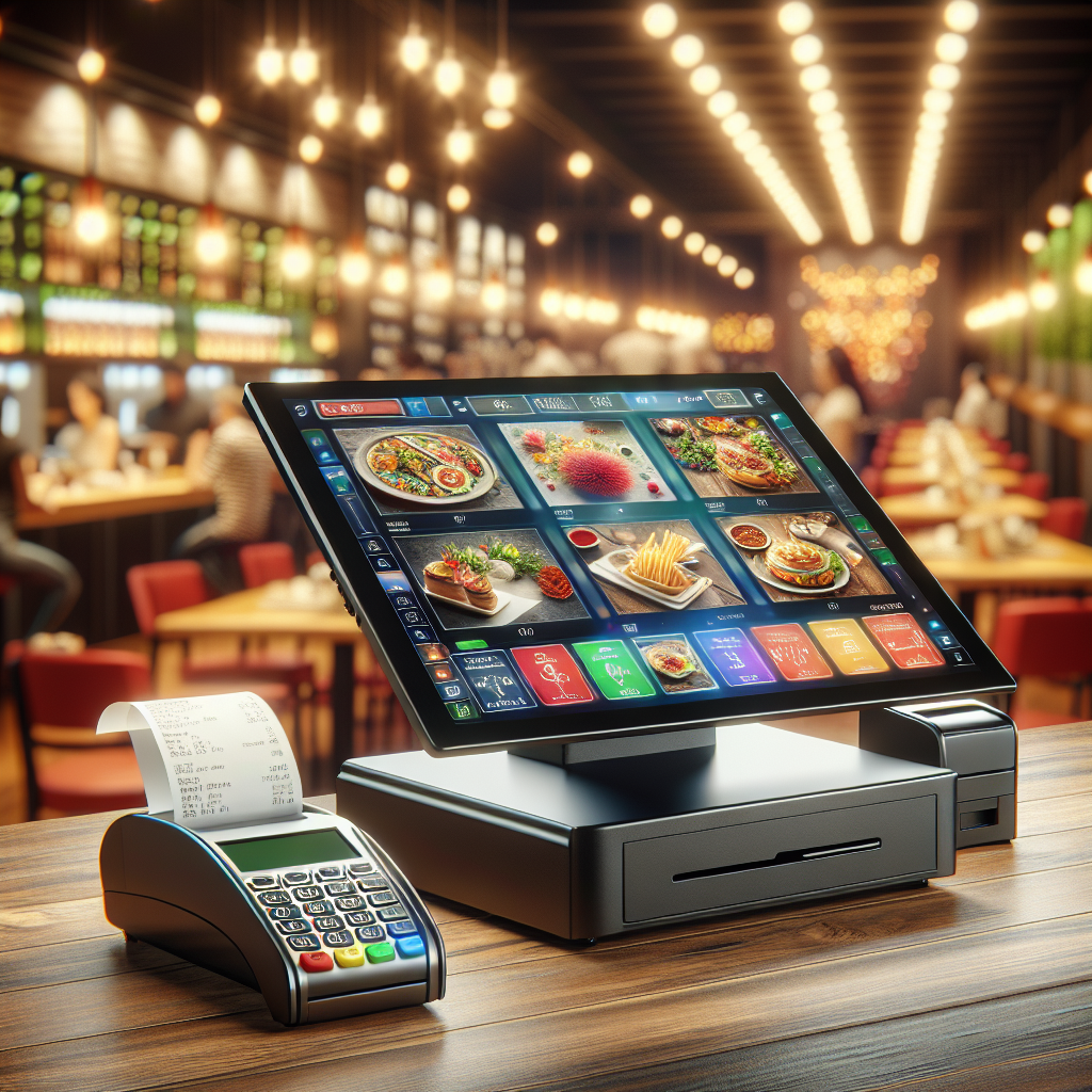 A modern restaurant POS system in a busy dining environment.