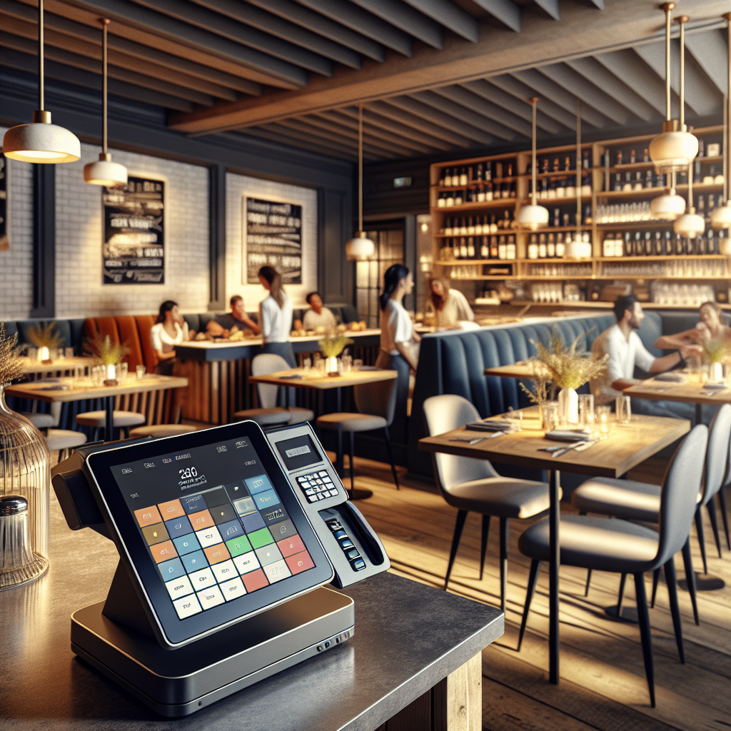 A modern restaurant interior showcasing a sleek POS system with dining customers.