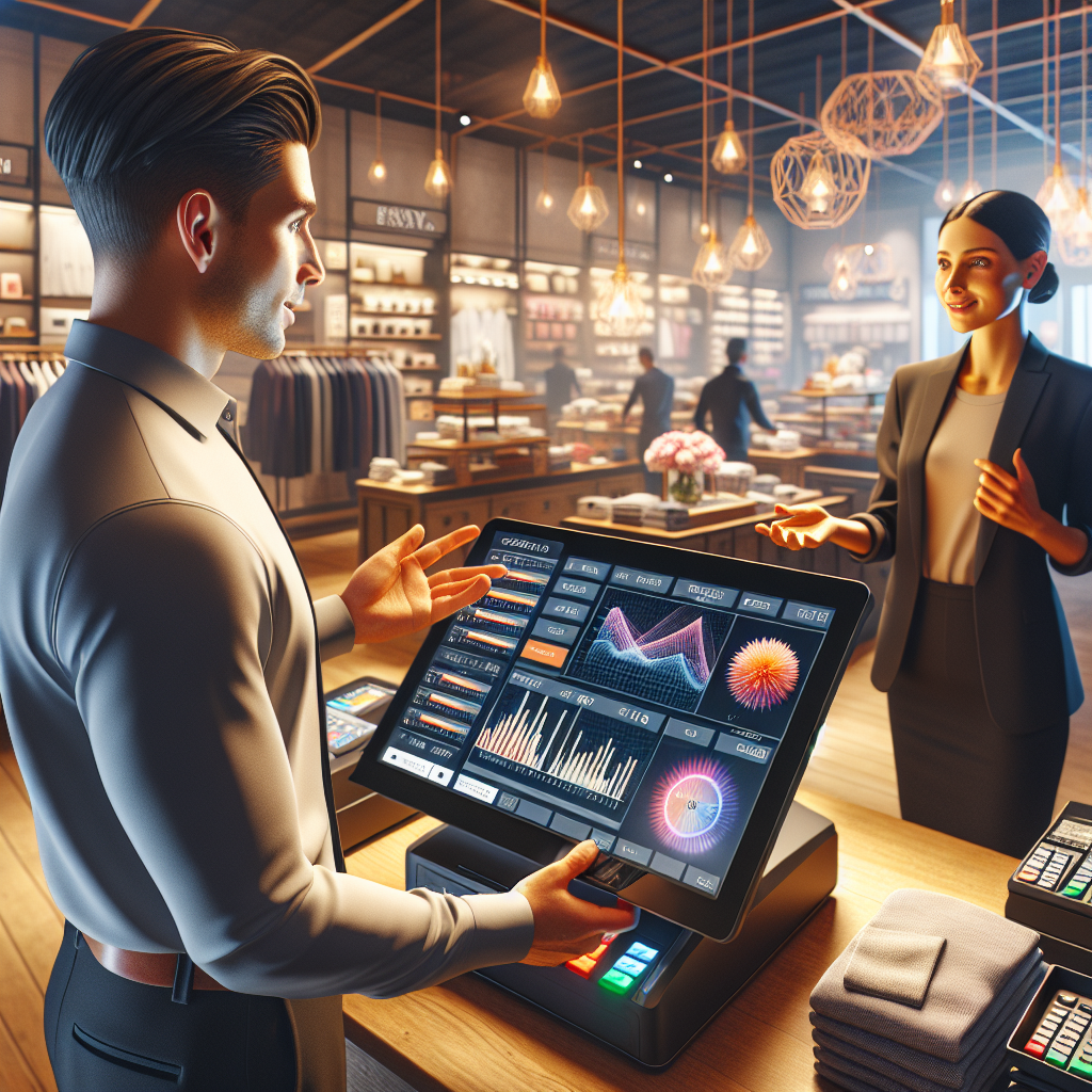 A modern retail environment showcasing a POS software system in action with a diverse employee assisting a customer.