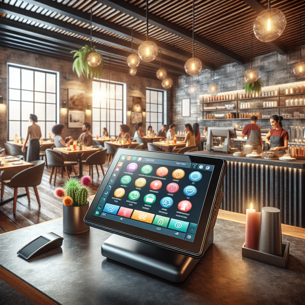 A modern restaurant interior featuring a high-tech F&B POS system.