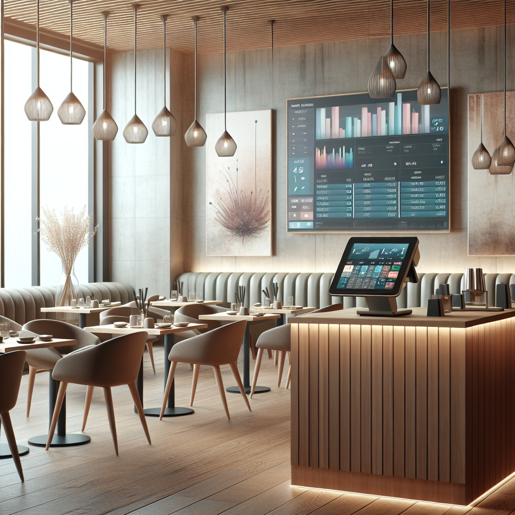 A modern restaurant interior with a sleek Point of Sale system at the wooden counter.