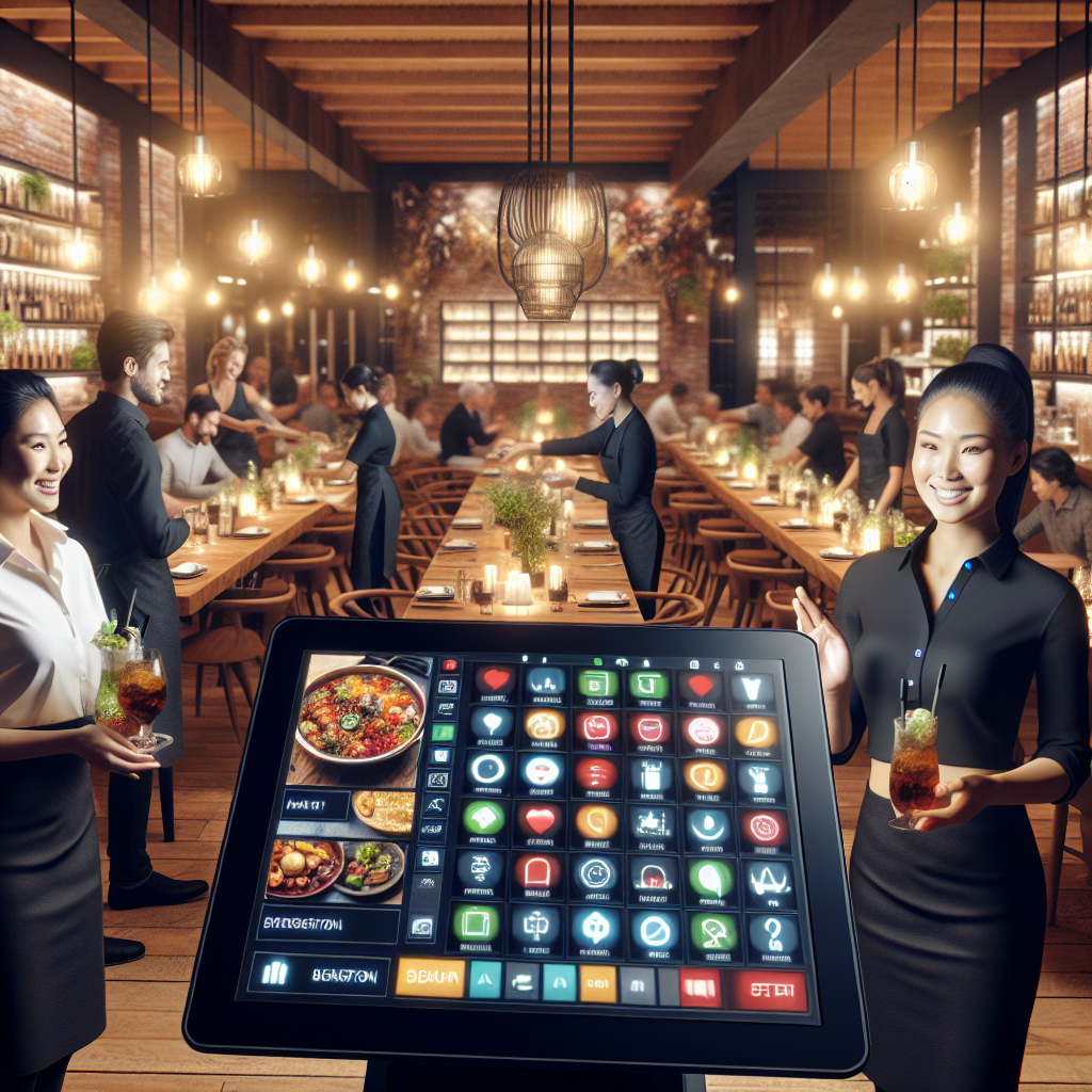 A busy restaurant scene with a modern POS system and diverse staff members interacting with customers.