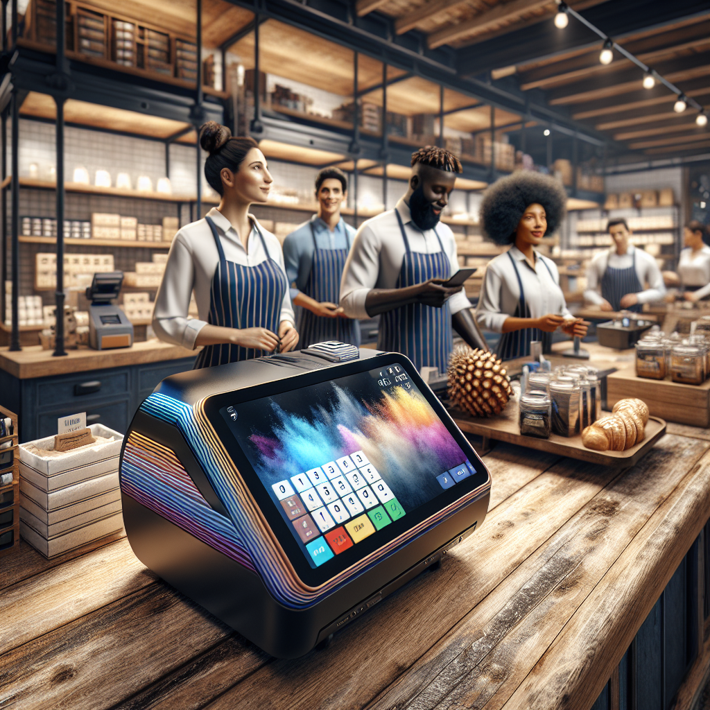 A busy retail scene with a modern Point-of-Sale (POS) system and diverse employees serving customers.