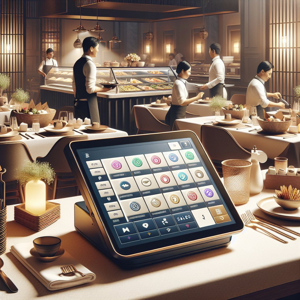 A sophisticated restaurant POS system with a touchscreen terminal and a busy dining environment.