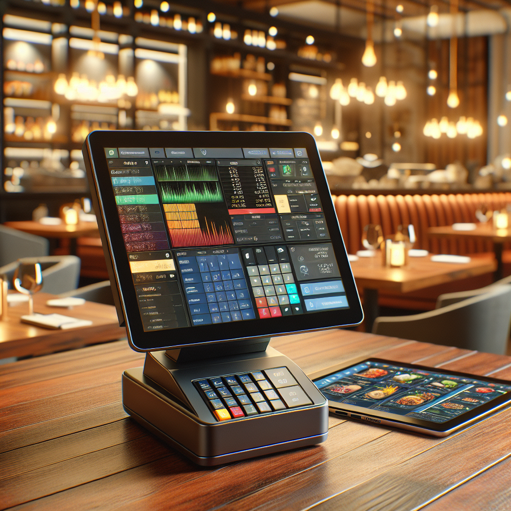 A modern restaurant POS system on a wooden counter with a laptop and tablet in a warmly lit restaurant interior.