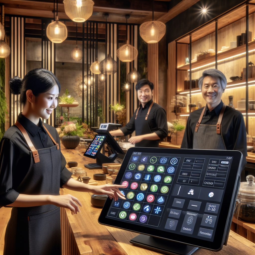 A modern POS restaurant system setup with staff members interacting in a vibrant restaurant ambiance.