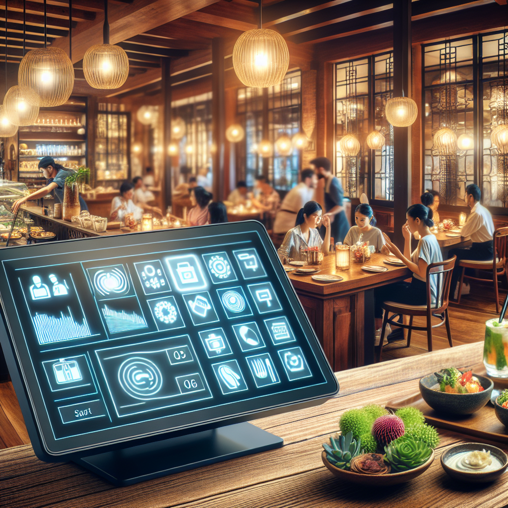 A busy restaurant interior with a modern F&B POS system on the counter.