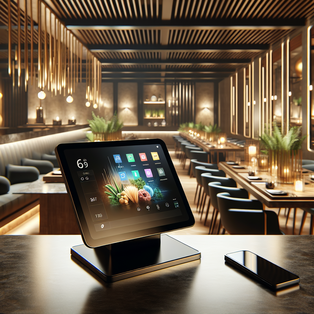 Interior view of a modern restaurant featuring a POS system on the countertop.