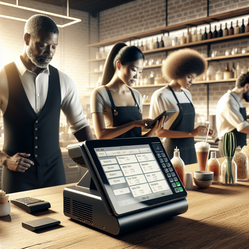 A modern restaurant POS system in use, with staff taking orders and preparing drinks.