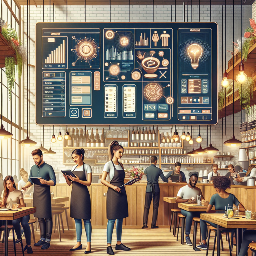 A modern POS restaurant system in action with staff and diners.