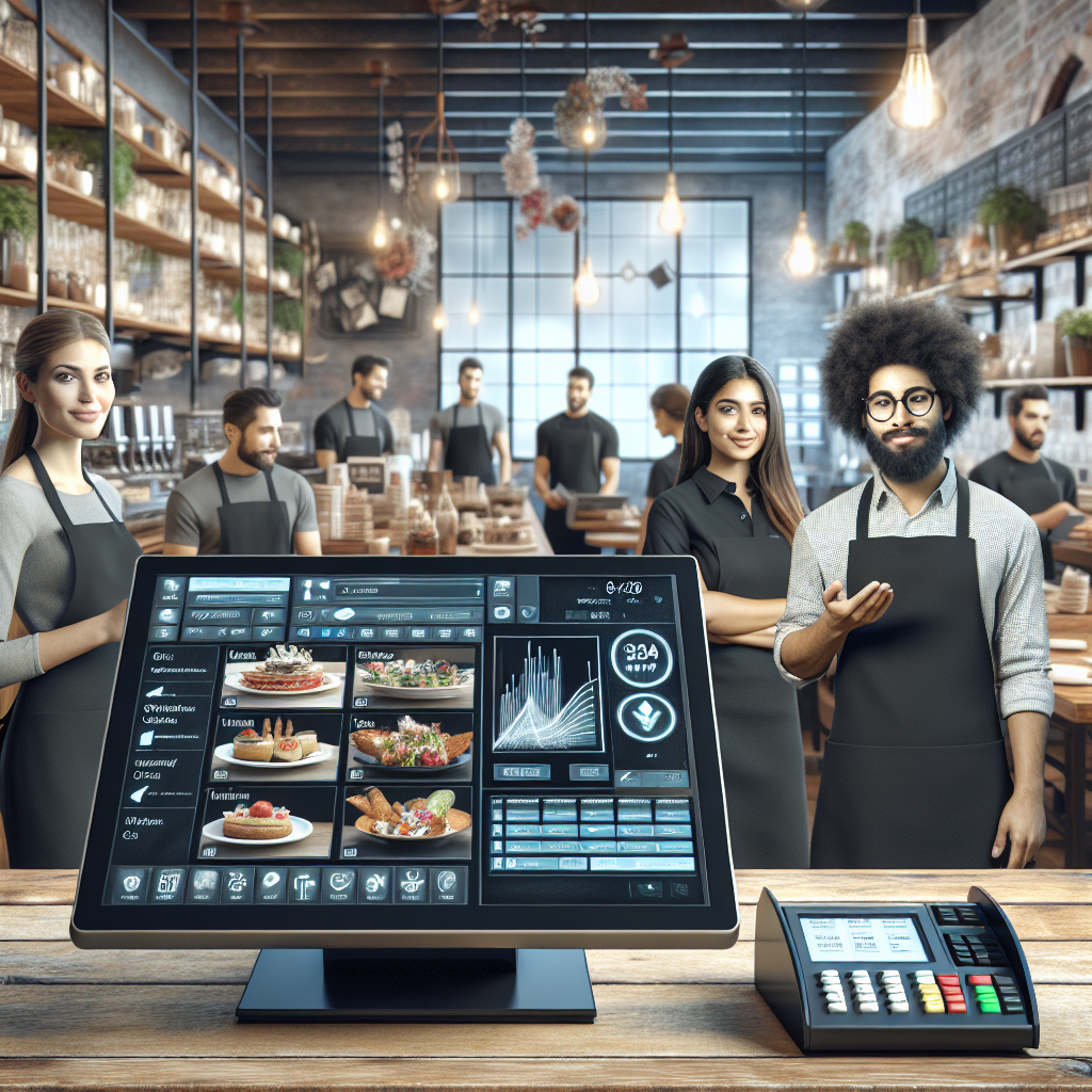 A modern F&B POS system in a restaurant setting with diverse staff.