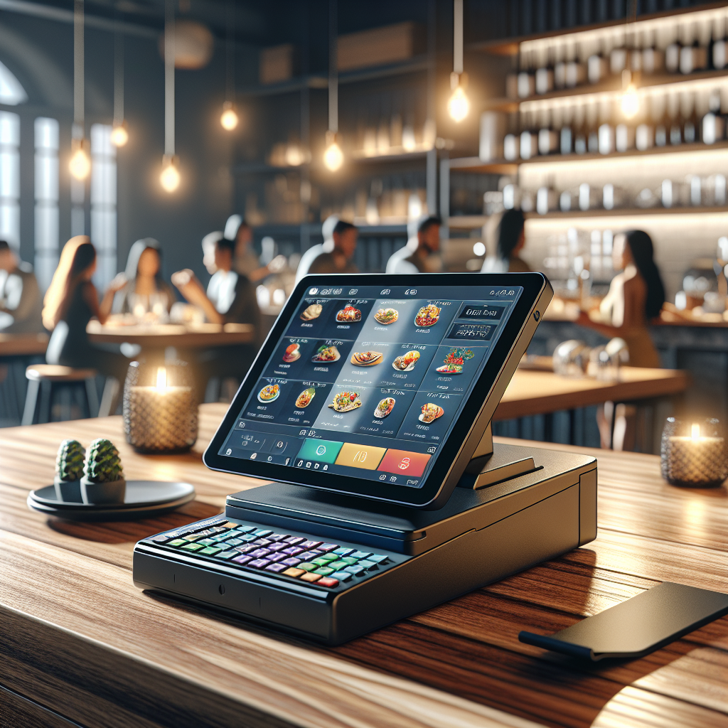 A modern restaurant POS system on a wooden counter in a lively dining environment.