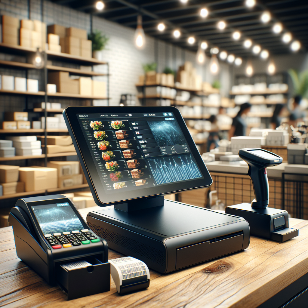 A modern Point-of-Sale system in a retail setting, featuring a touchscreen, cash drawer, and scanner.