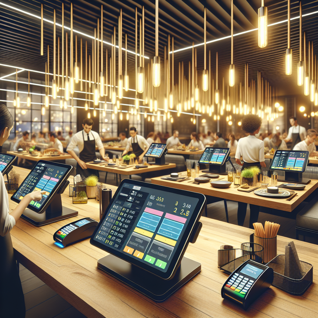 A modern restaurant interior with staff using sleek POS systems.