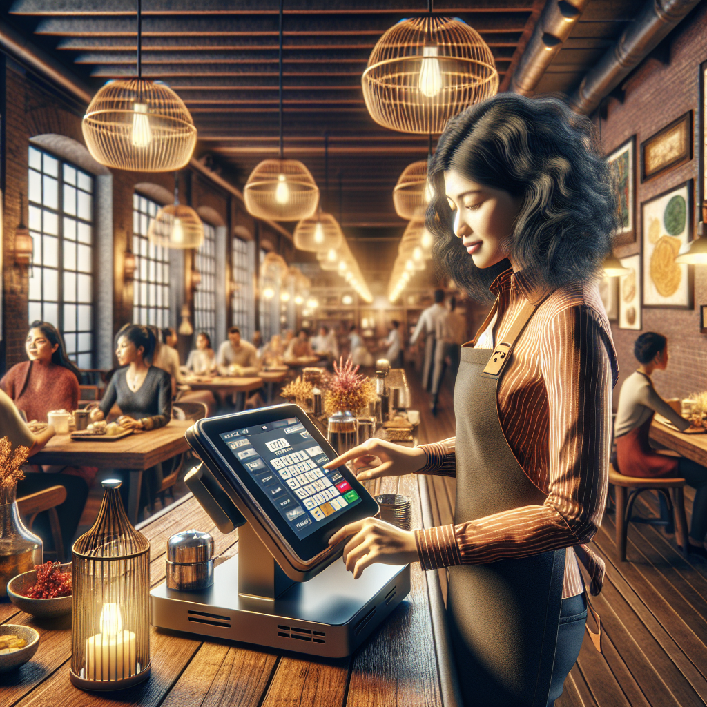 An illustration of a restaurant with staff using a Point of Sale system in a vibrant interior.
