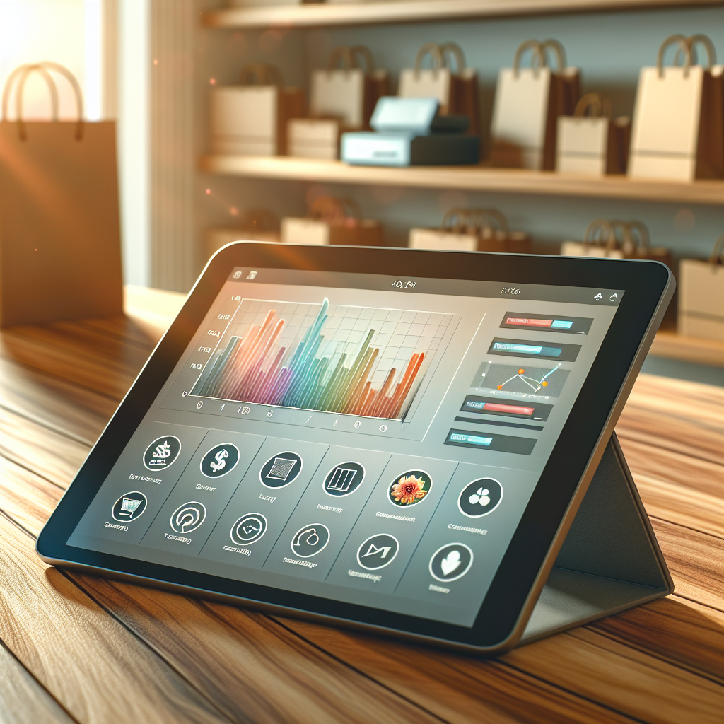 A POS software interface on a tablet with sales graphs and a retail background.