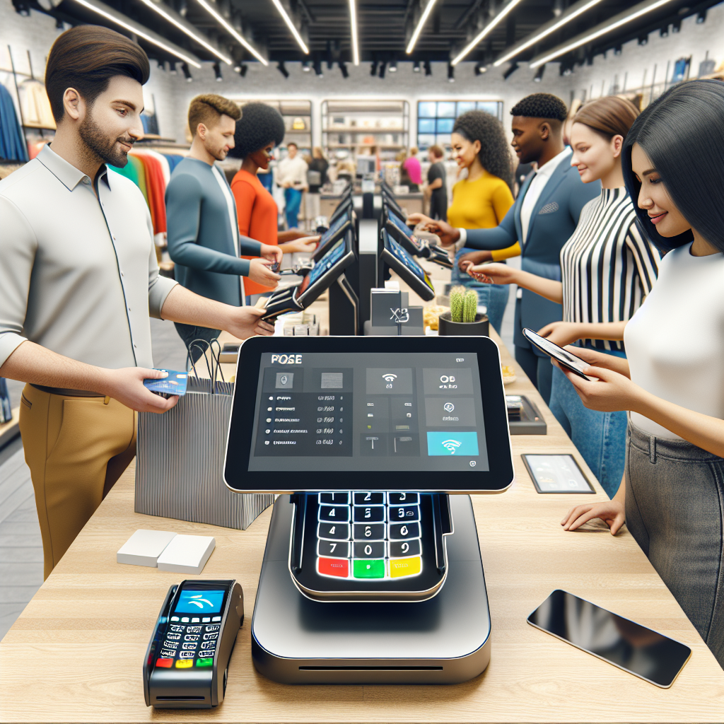 A modern Point of Sale system in a busy retail store with diverse customers completing transactions.