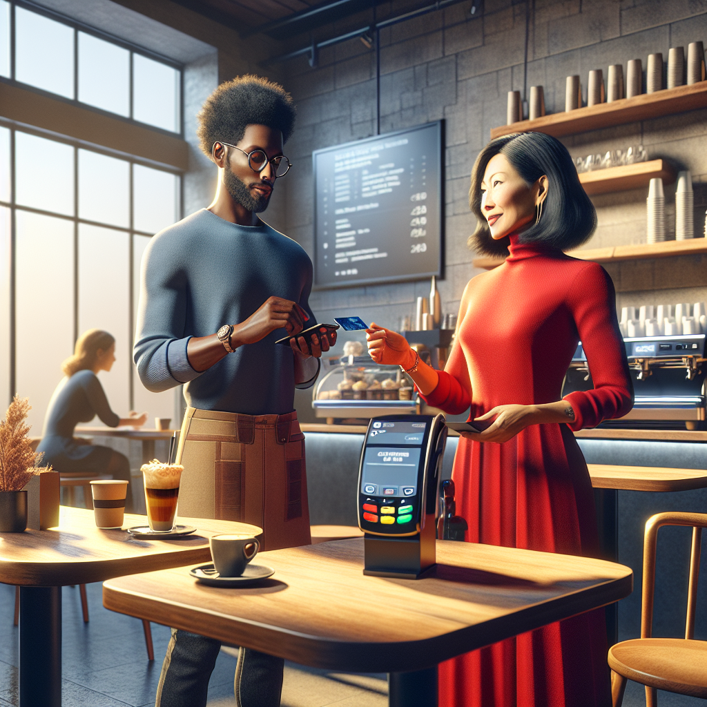 A busy coffee shop with customers using contactless payment methods.